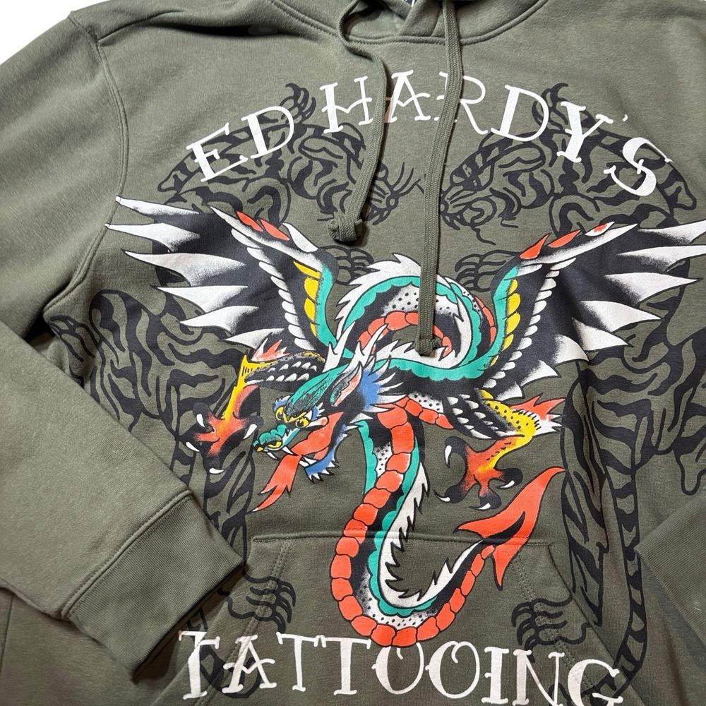 Ed Hardy Dragon Tiger Tattoing Sweatshirt Hoodie Green Men's Large - Picture 3 of 8